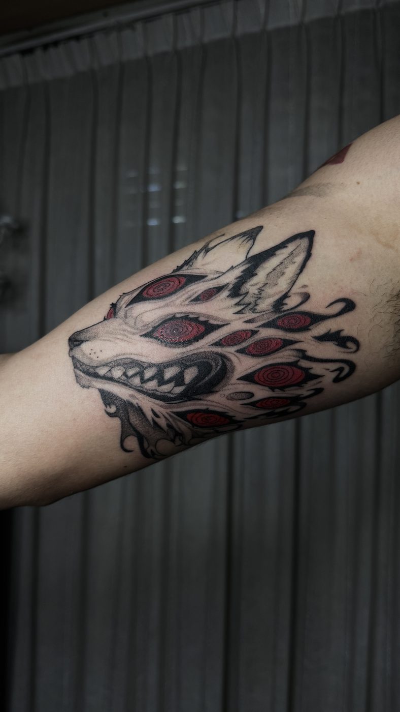 Tatuaje a color de lobo en el brazo