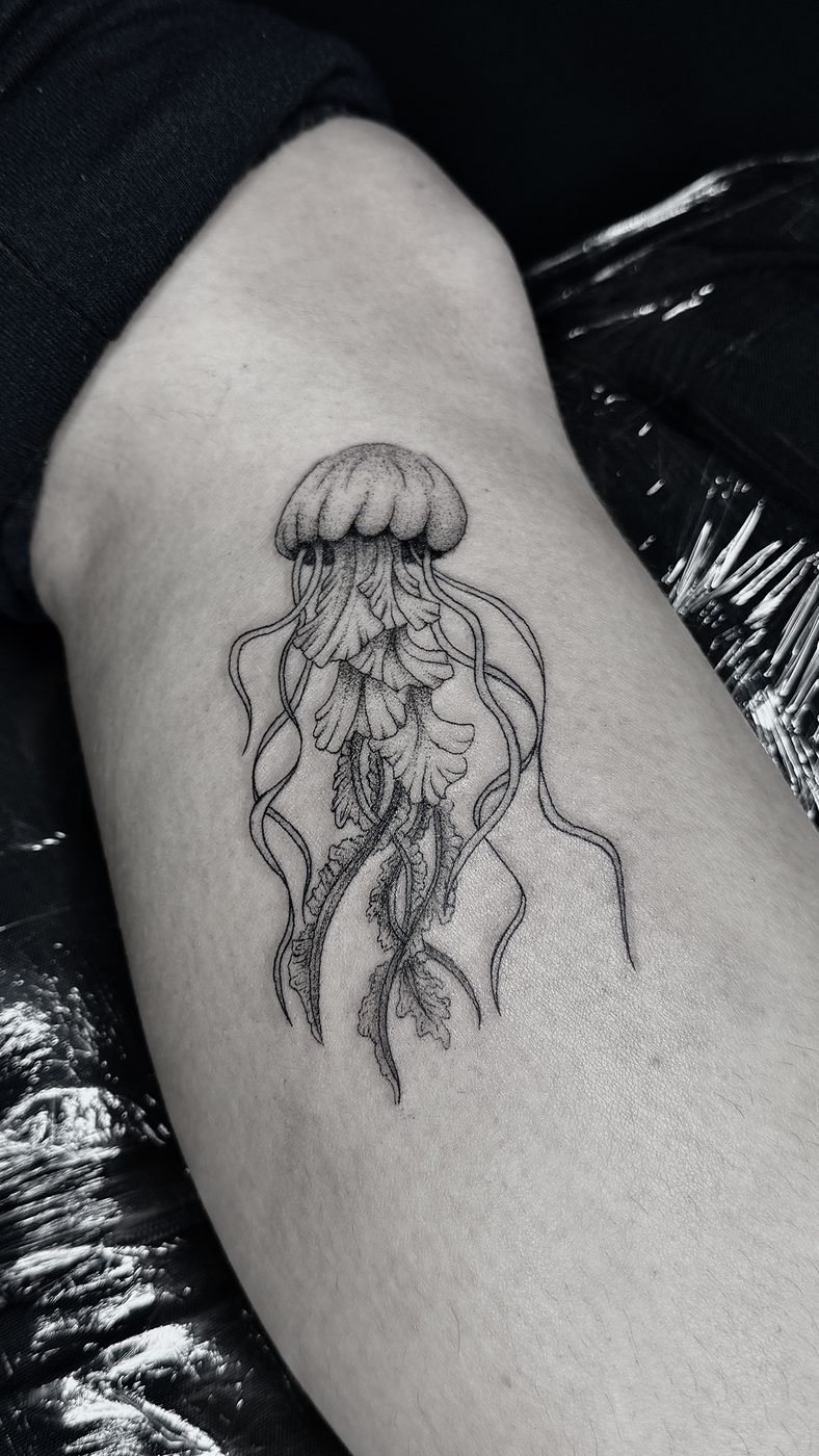 Tatuaje fine line de medusa en el brazo