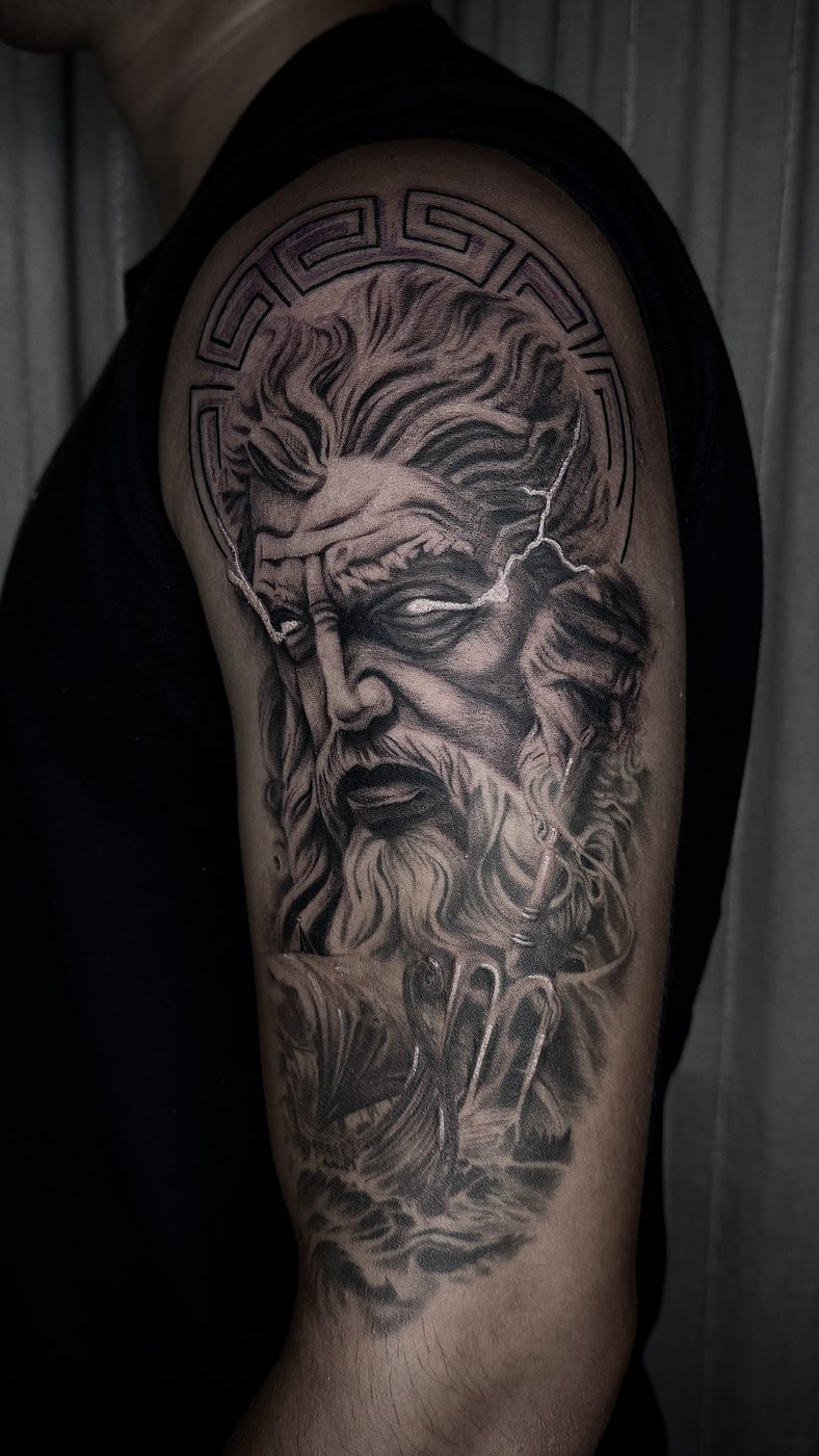 Tatuaje realista retrato de Zeus en el brazo